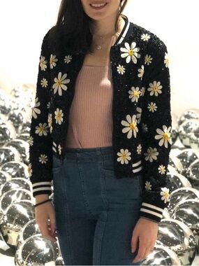 Alice + Olivia Black Daisy Appliqué Varsity Bomber Jacket